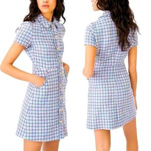 Maje Renizam Blue Metallic Multicolor Tweed Embossed Button Short Sleeve Dress